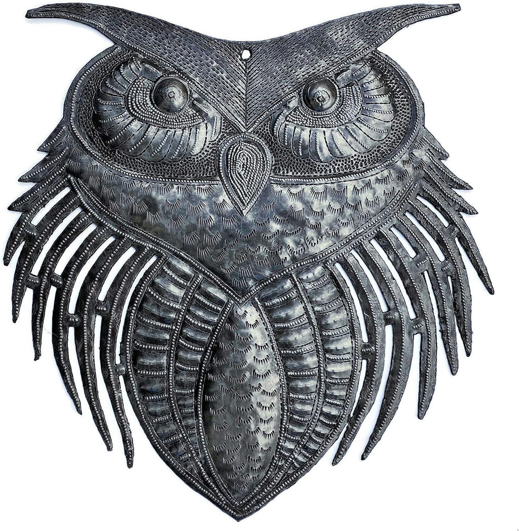 It's Cactus New Owl Metal Wall Art, Handmade in Haiti, Indoor Outdoor Garden Decorations, Upcycled Wall Hanging Artwork, Haitian Décor, 11 x 10.75 Inches