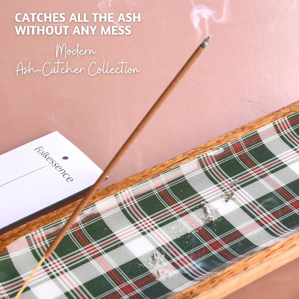 Folkulture Incense Holder or Incense Burner, Modern Incense Holder for Sticks, Ash Catcher or Insence Stick Holder for Housewarming Gifts, Wooden Incense Tray for Sticks, Green Plaid