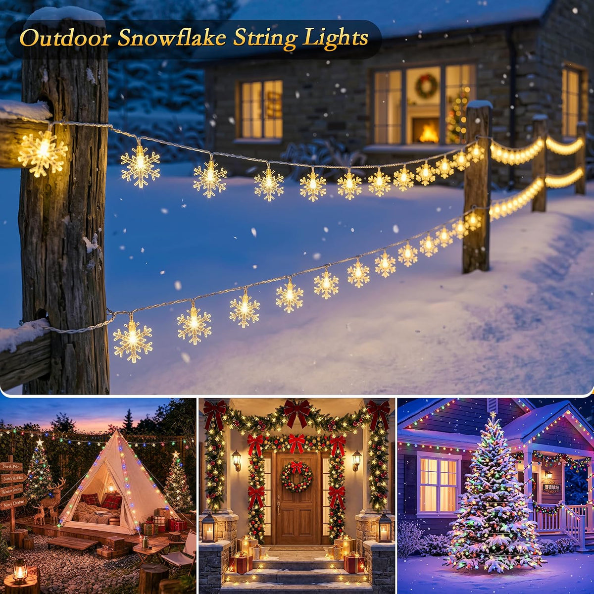 Christmas Snowflake String Lights USB 50FT 100 LED Warm White & Multicolor