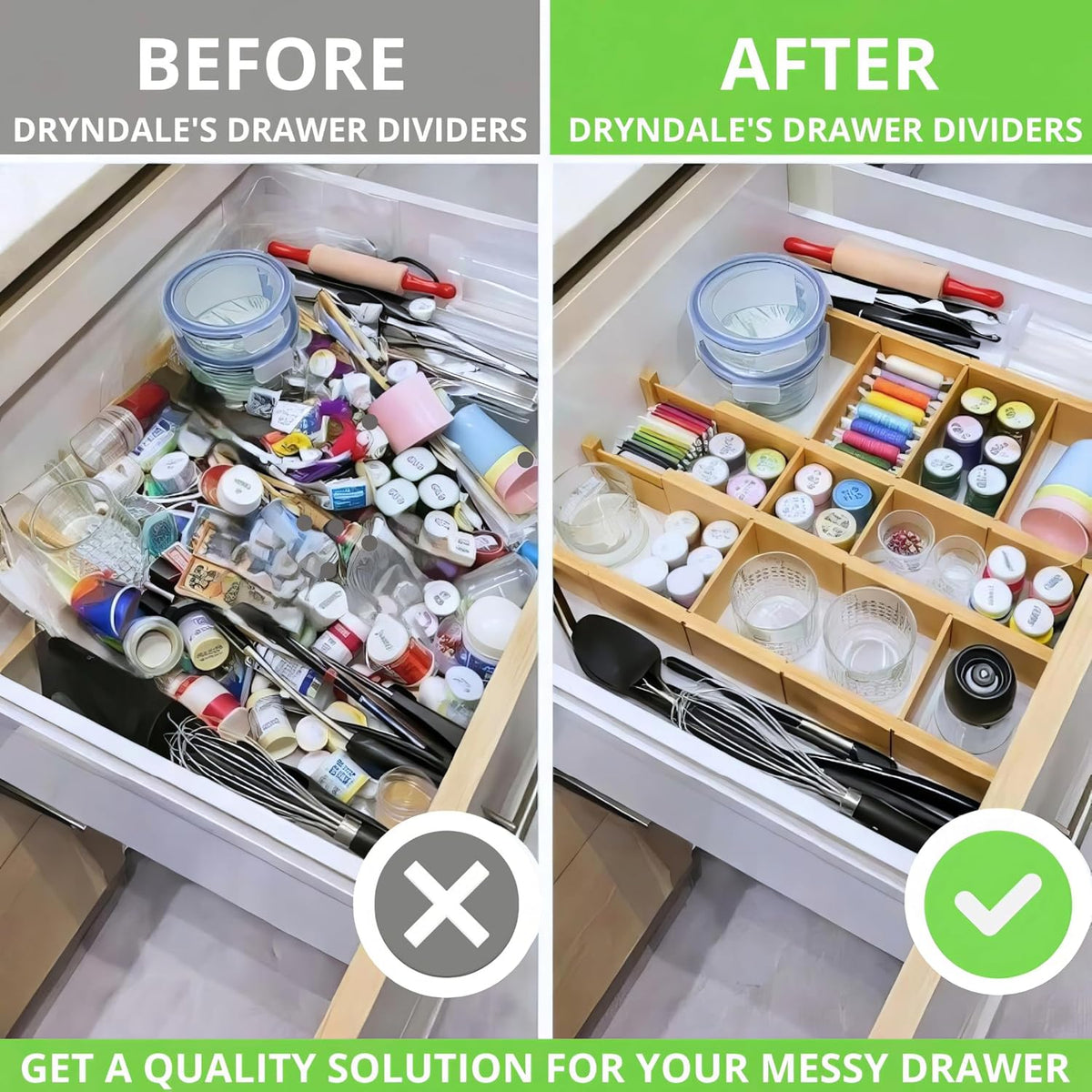 13.9-17.7" Expandable Bamboo Drawer Dividers with Inserts 4-Pack Spring-Loaded with Non-Slip EVA Pads, Adjustable Separator Set for Kitchen,Dresser,Bedroom, Office,Bathroom
