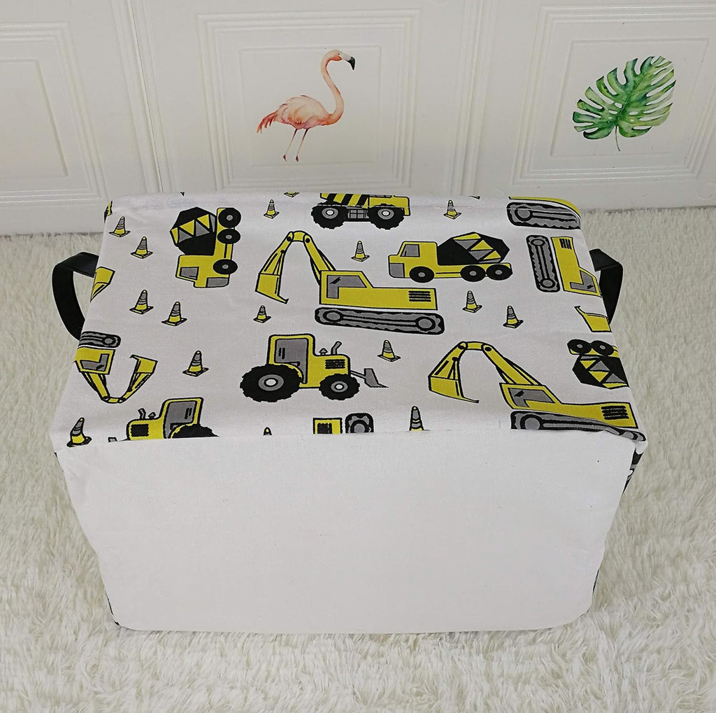 Kid Storage Basket Gift Shelf Basket Toy Storage Bin, Nursery Basket Organizer Box for Children Room Deco With Handles (Yellow Excavator)