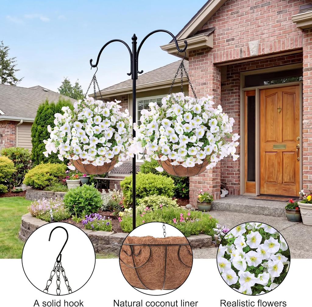 Sggvecsy Artificial Flowers for Outdoors with Baskets Hanging Plant Faux Flowers UV Resistant Fake Silk Morning Glory with Eucalyptus for Planter Porch Garden Home Spring Summer Decoration(White)