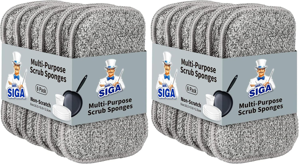 MR.SIGA Dual-Sided Scrub Sponges, Long Lasting, Reusable Dishwashing Sponges for Kitchen, 12 Pack