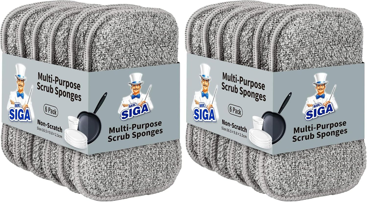 MR.SIGA Dual-Sided Scrub Sponges, Long Lasting, Reusable Dishwashing Sponges for Kitchen, 12 Pack