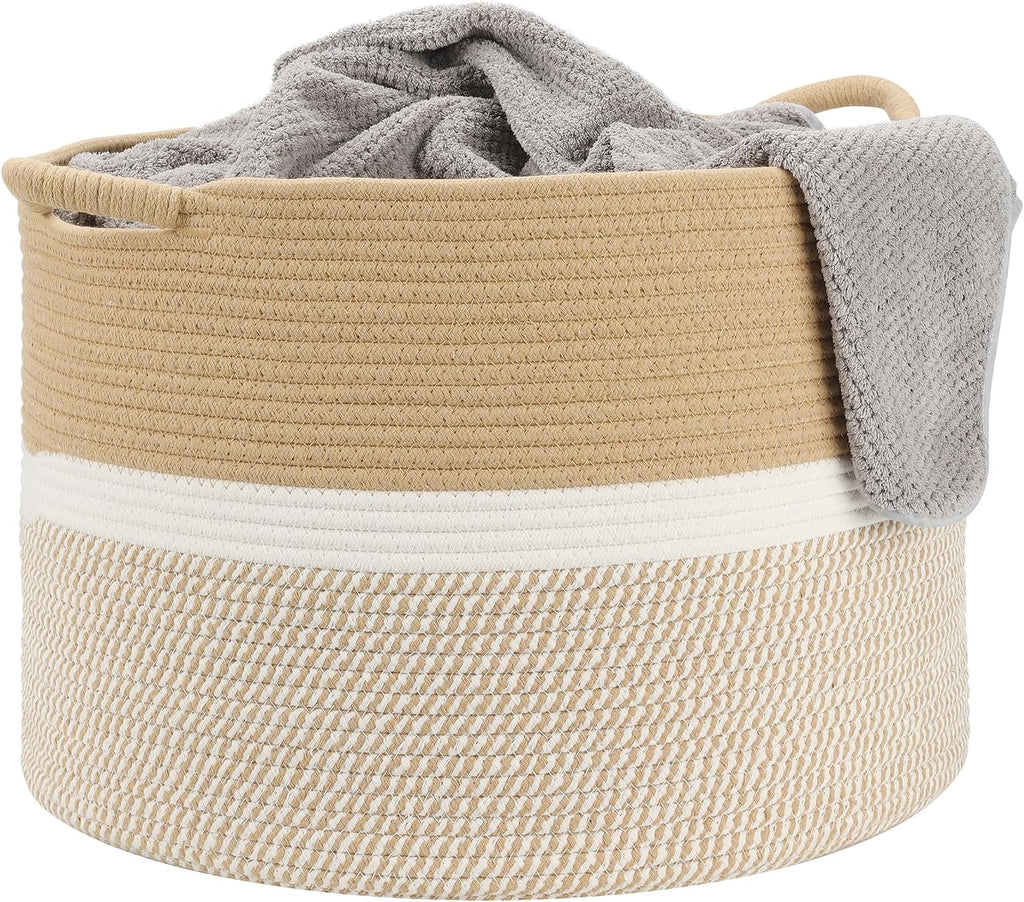 Large Blanket Basket (20"x13"),Woven Basket for Storage Dirty Clothes for Laundry, Living Room, Nursery, Bedroom Rope Storage Basket for Blankets（Double/Brown)