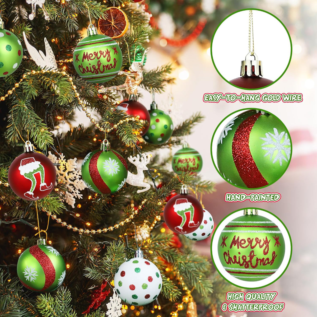 24Pcs 2.4 Inch Christmas Ball Ornaments for Tree, Glittering Red Green White Elf Bulbs Set for Christmas Tree Decorations, Plastic Shatterproof Hanging Ornament Xmas Baubles for Home Party Decor