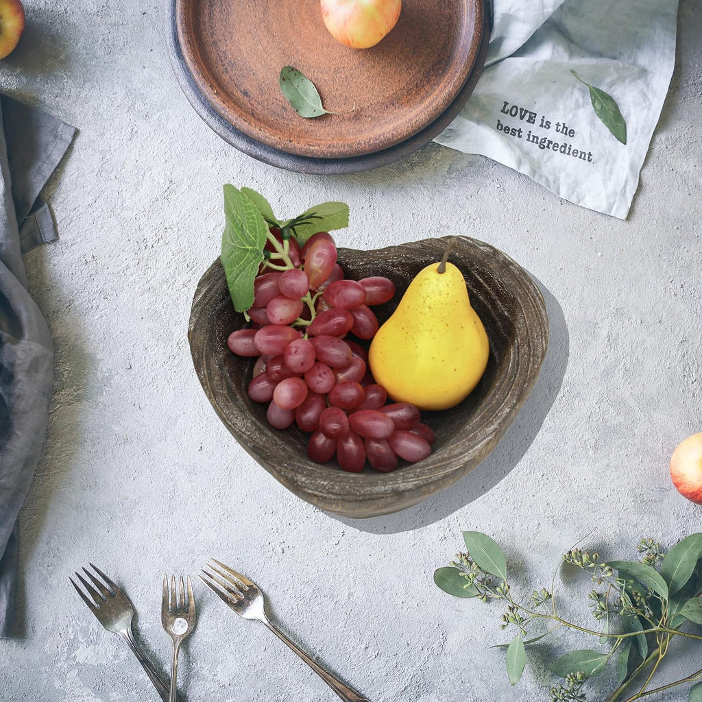 CVHOMEDECO. Primitives Solid Wood Functional and Collectible Bowl Vintage Heart Hand Carved Wooden Bowl Rustic Treenware Artworks for Serving Nuts Snacks Fruits or Accent Decor, 8.5 Inch