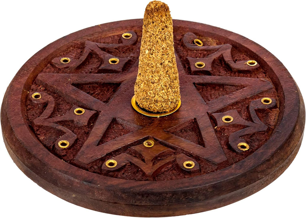 Pentagram Incense Holder - Handcrafted Incense Burner fits 15 Incense Sticks and 1 Incense Cone - Carved Wood, Brass Holders - 5 Inches Wide