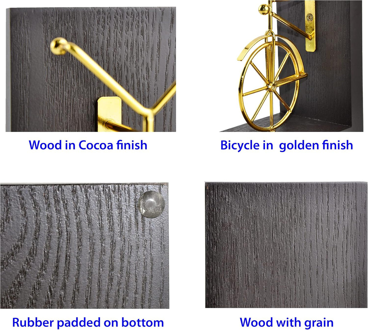 Bicycle Bookend Supports, Decorative Book Stoppers with Non-Skid Bottom, Handcrafted Distressed Wood & Metal Book Stand, Display for Bookshelf Office Desktop, 1-Pair, Golden & Brown