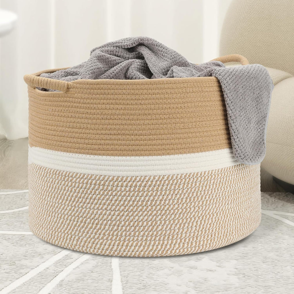 Large Blanket Basket (20"x13"),Woven Basket for Storage Dirty Clothes for Laundry, Living Room, Nursery, Bedroom Rope Storage Basket for Blankets（Double/Brown)