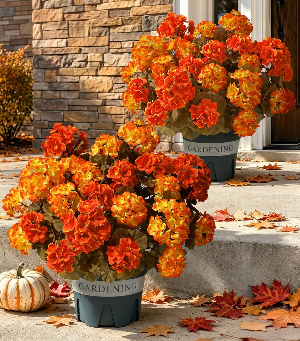 Geraniums Fall Flowers Artificial Flowers for Outdoors Autumn Decor, 2 Pack Potted Plants Faux Geraniums Bush Realistic UV Resistant Fake Flowers Greenery for Front Door Porch Patio Yard Indoor, Mix