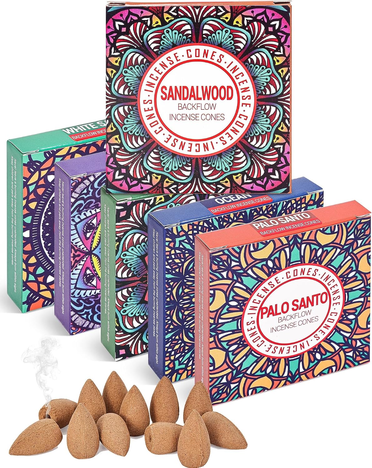 Backflow Incense Cones - 6 Mixed Natural Scents - Sandalwood, Lavender, Jasmine, Ocean, White Sage, Palo Santo, for Purification, Relaxation, Yoga, Meditation