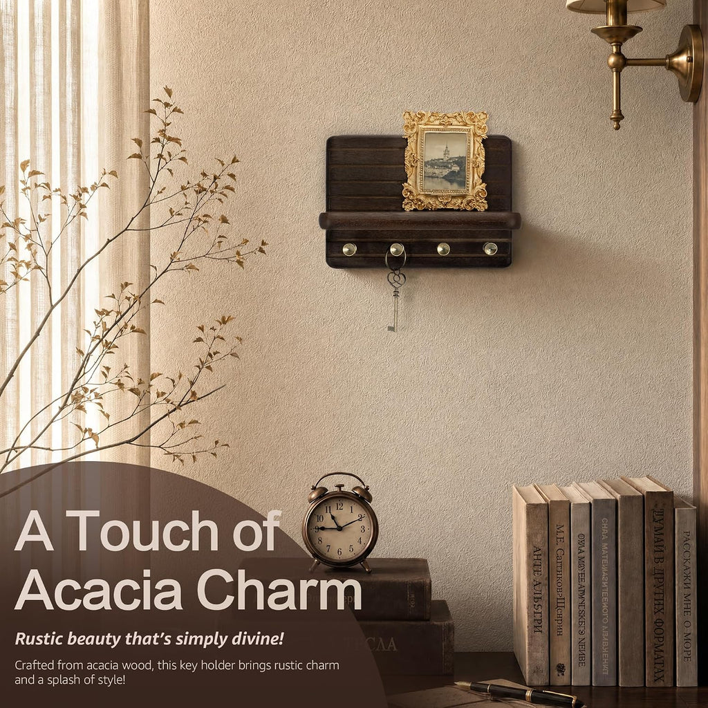Rebee Vision Acacia Wood Key Holder Wall Mount for Entryway, Dark Brown