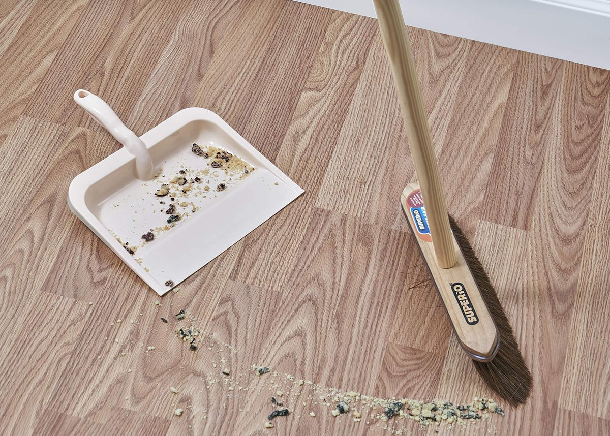 Superio Heavy Duty Plastic Dustpan with Comfort Grip Handle Beige, Durable, Lightweight Multi Surface Dust Pan Easy Broom Sweeping, 10 inch Wide