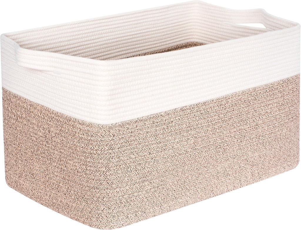 MINTWOOD Design 22in Extra Large Blanket Basket Holder Living Room, Rectangle Rope Woven Storage Basket with Handles for Laundry, Pool Towels, and Shoes, Dog Toy Organizer Bin Box, Light Brown
