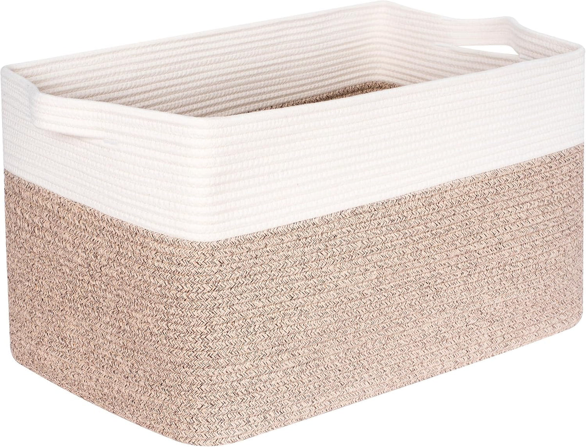 MINTWOOD Design 22in Extra Large Blanket Basket Holder Living Room, Rectangle Rope Woven Storage Basket with Handles for Laundry, Pool Towels, and Shoes, Dog Toy Organizer Bin Box, Light Brown