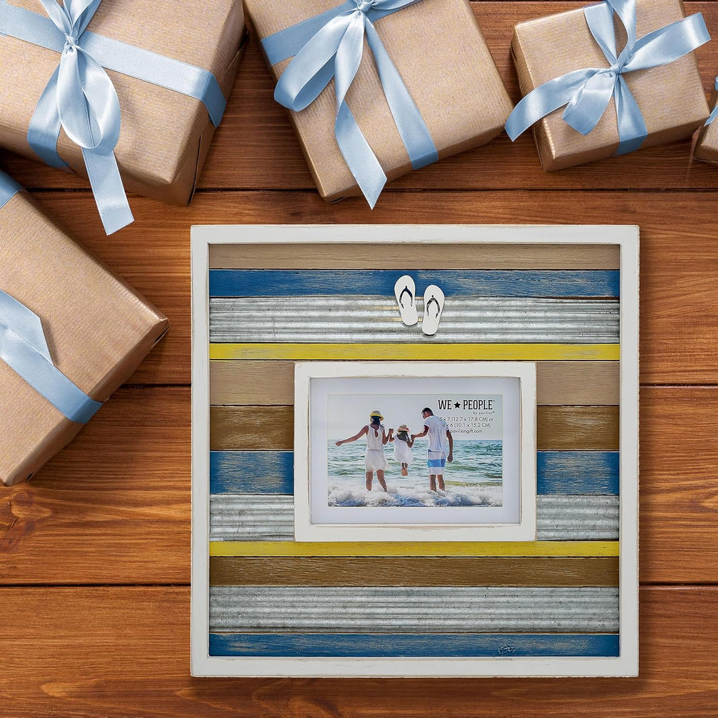 Pavilion Gift Company - Beach-Themed Distressed Wall Picture Frame, Holds 4x6 or 5x7 Photo,14 x 14 inches, Brown, Blue, Yellow, White, 1 Count