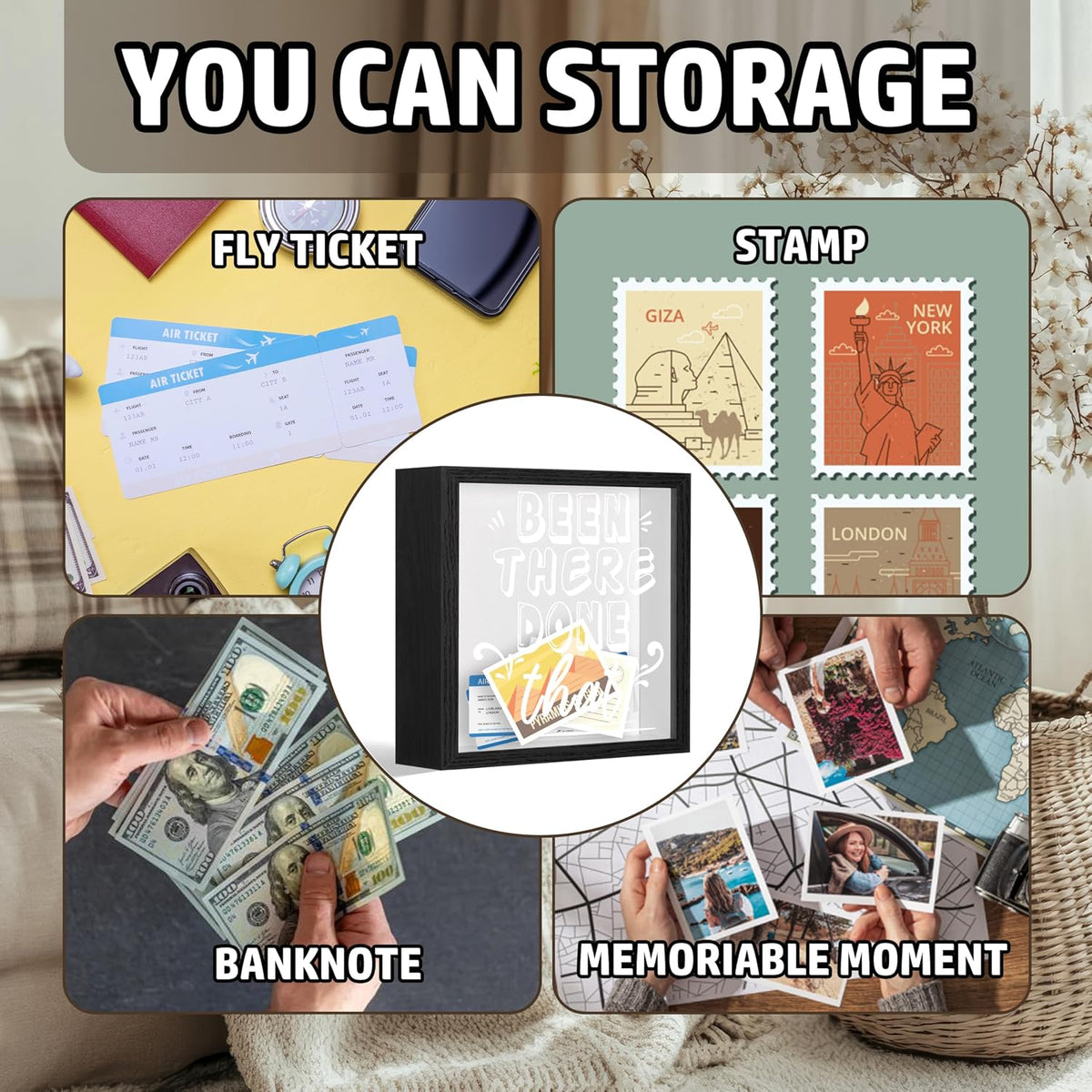 Memory Fund Frames Box, Wooden Black Photo Frame Shadow Box Frame with Slot, Travel Money Box, Travel Vacation Keepsake Gifts, Storing Funds and Decorations, Adventure Gifts for Newlyweds Couple, 13