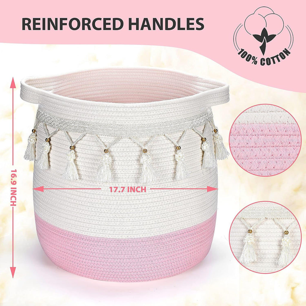 Large Cotton Rope Basket, Woven Storage Basket for Toy, Laundry and Blanket Organizer Basket, Round Hamper Basket with Handles for Kid's Room 17.7"x16.9"