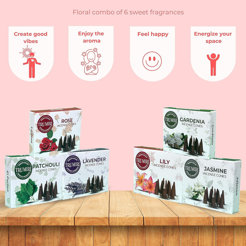 Trumiri Floral Incense Cones - Variety Pack - Total 60 Cone Incense (6 Scents x 10 Conos) - Rose, Lavender, Jasmin, Patchouli, Gardenia, Lily - Cone Incense Scents - Insense Cones - Incent Cone