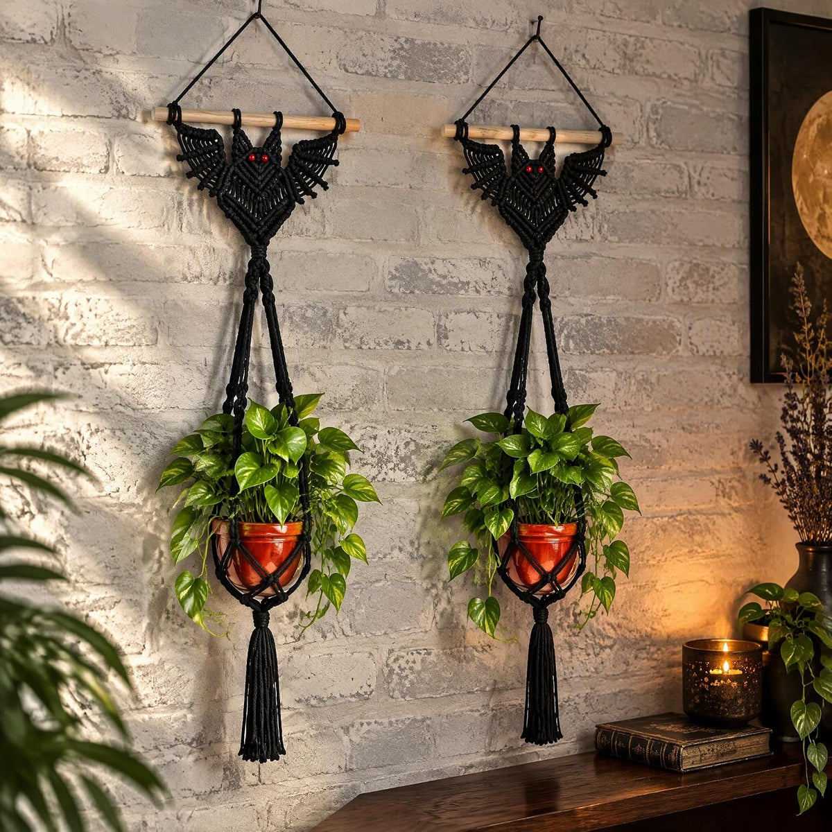 2-Pack Boho Bat Shape Gothic Plant Hanger, Macrame Handmade Pot Holder with Wooden Stick, Black Color Pot Holder for Indoor/Garden/Porch Decoration 40"X11.8" (No Pot & Plant Included)