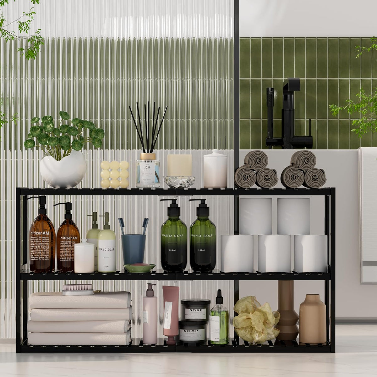 PPN 100% Bamboo Extra Long Towel Rack Bathroom Storage Shelves