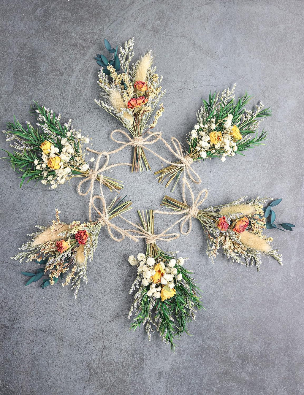 Mini Dried Rose Bouquet (6pcs), Natural Dried Flower Bouquet, Dried Pampas Grass, Groom & Best Man Corsages, Dried Cake Flowers, Gift Box Filled with Dried Flowers, Wedding Accompaniments.(Red)