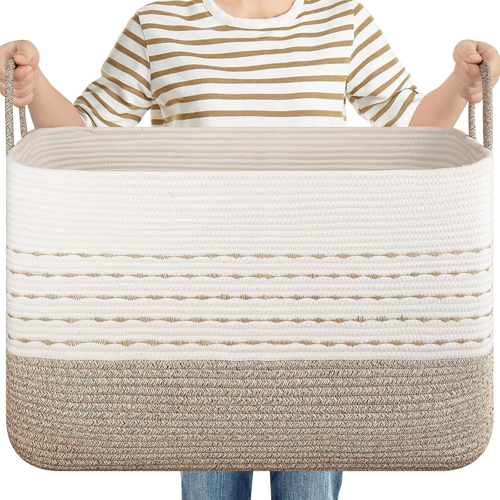 OIASKET XXL Large Blanket Basket for Living Room, 108L Woven Storage Baskets for Organizing, Rectangle Cotton Rope Basket Toy Chest With Handles--Brown & White