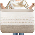 OIASKET XXL Large Blanket Basket for Living Room, 108L Woven Storage Baskets for Organizing, Rectangle Cotton Rope Basket Toy Chest With Handles--Brown & White