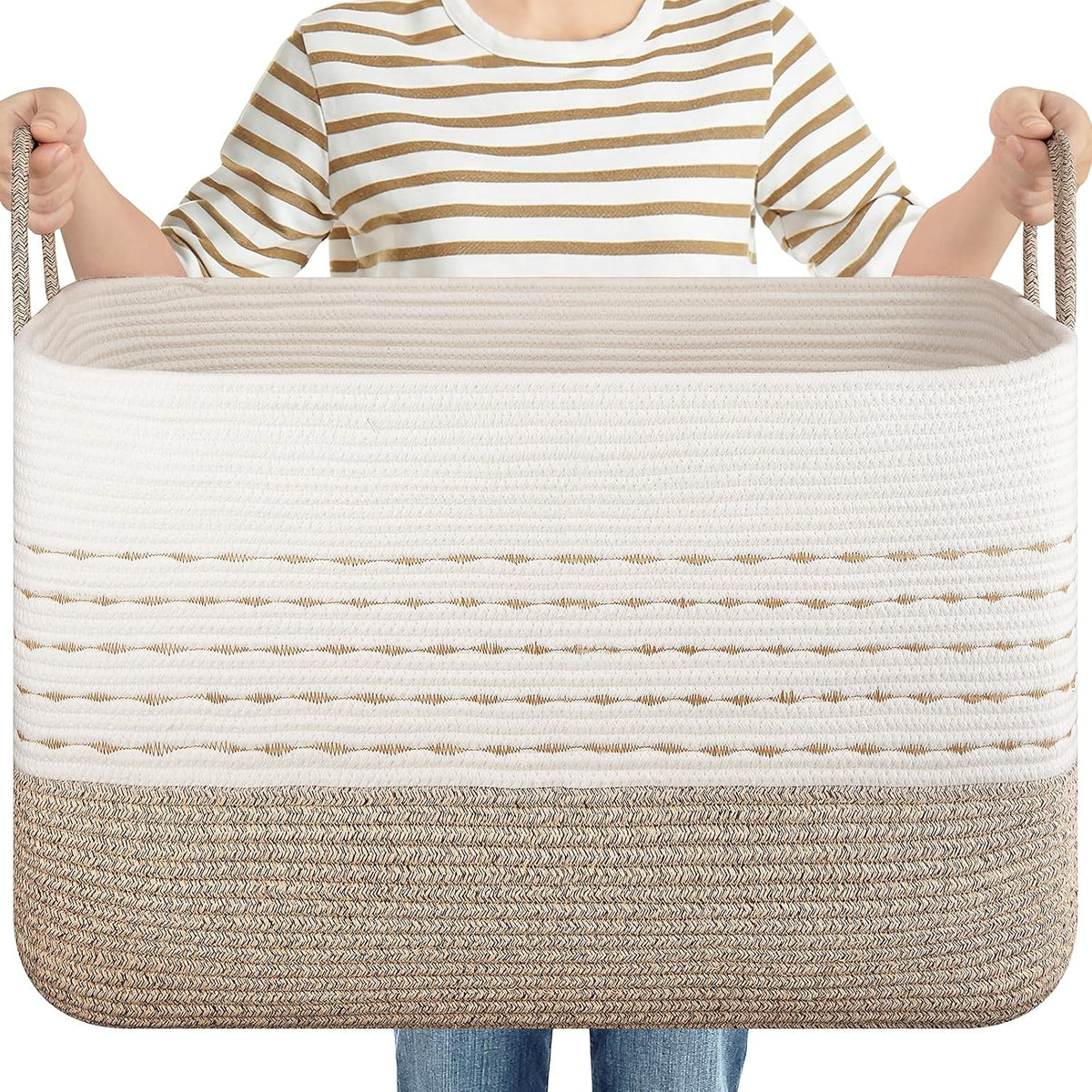 OIASKET XXL Large Blanket Basket for Living Room, 108L Woven Storage Baskets for Organizing, Rectangle Cotton Rope Basket Toy Chest With Handles--Brown & White