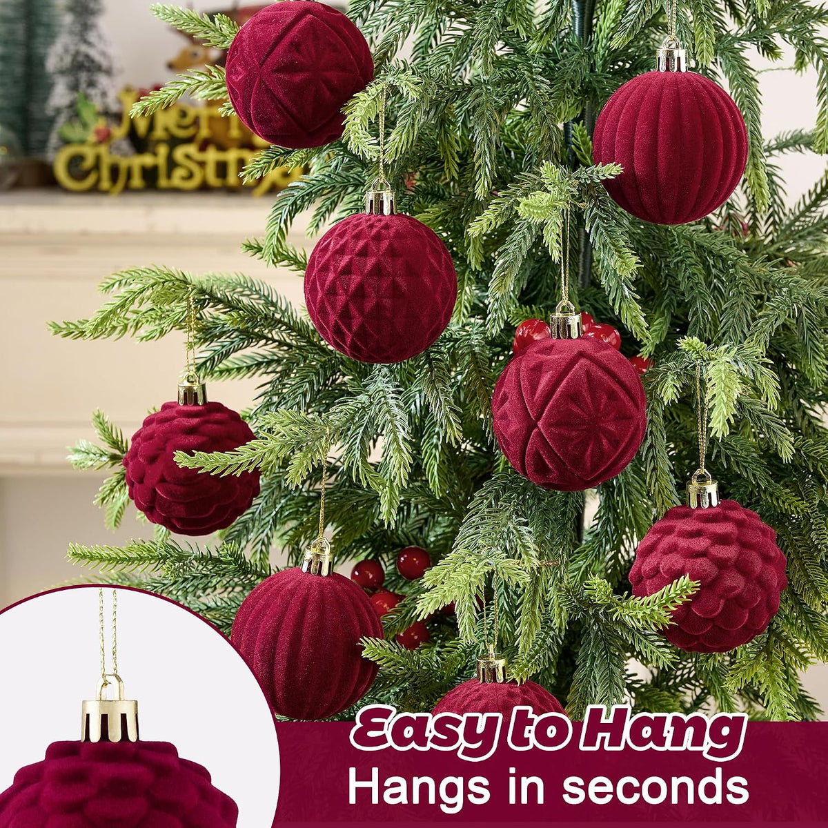 BLEUM CADE 16Pcs Burgundy Velvet Shatterproof Christmas Ball Ornaments