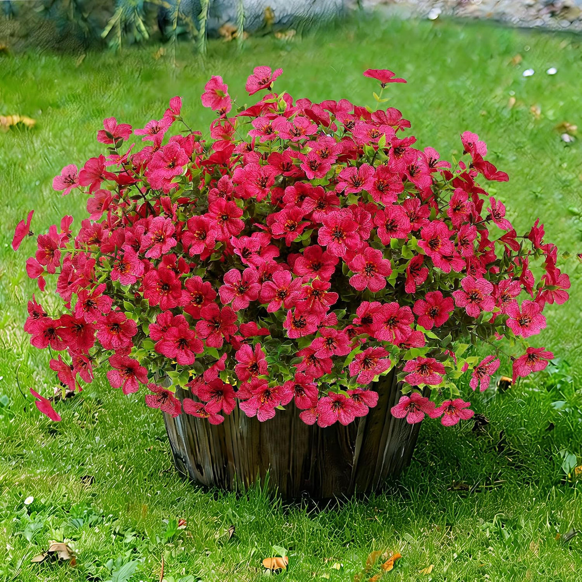 Sggvecsy Artificial Flowers for Outdoors 12 Bundles Realistic Faux Plants UV Resistant Fake Silk Daisy with Eucalyptus for Boxwood Planter Patio Porch Outside Spring Summer Decoration(Rose Red)