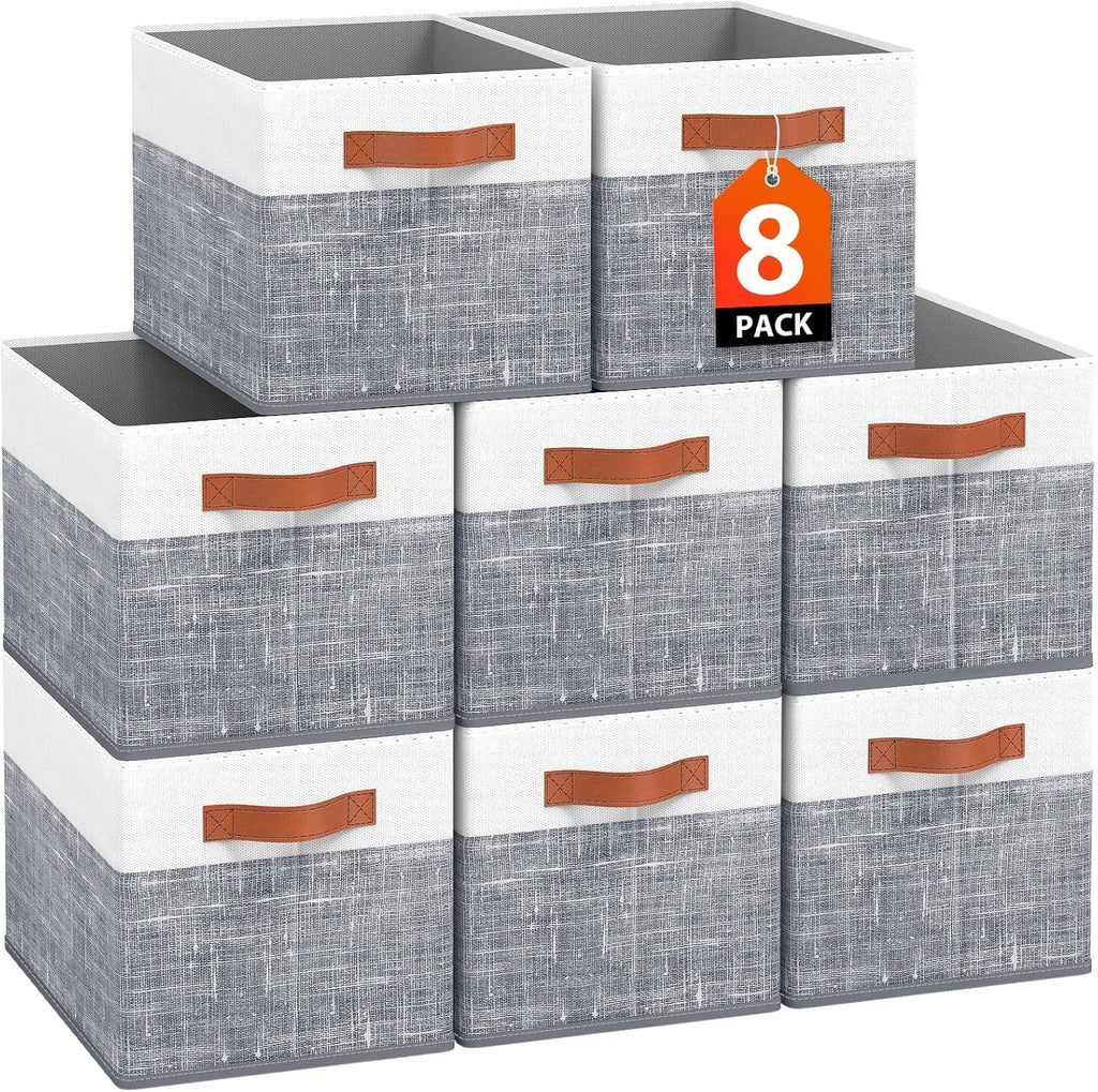 Fab totes Collapsible Storage Baskets for Shelves,14"x10", 8 Pack Foldable Fabric Storage Bins with Double Leather Handles, Large Baskets for Organizing Books, Clothes, White & Grey