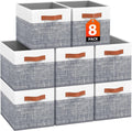Fab totes Collapsible Storage Baskets for Shelves,14"x10", 8 Pack Foldable Fabric Storage Bins with Double Leather Handles, Large Baskets for Organizing Books, Clothes, White & Grey
