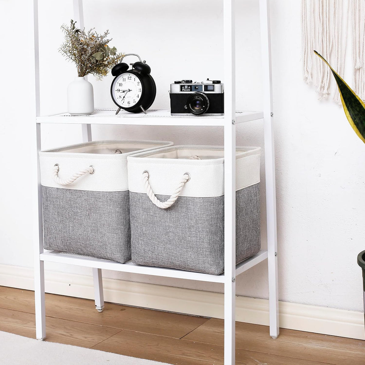 MidmmVick 11 x 11 Inch Cube Storage Bins, 6 Pack Large Collapsible Fabric Storage Bin with Ropes, Foldable Storage Cubes for Home, Office,Closet, Clothes, Toys Organizer (White & Grey-11"x11"x11")