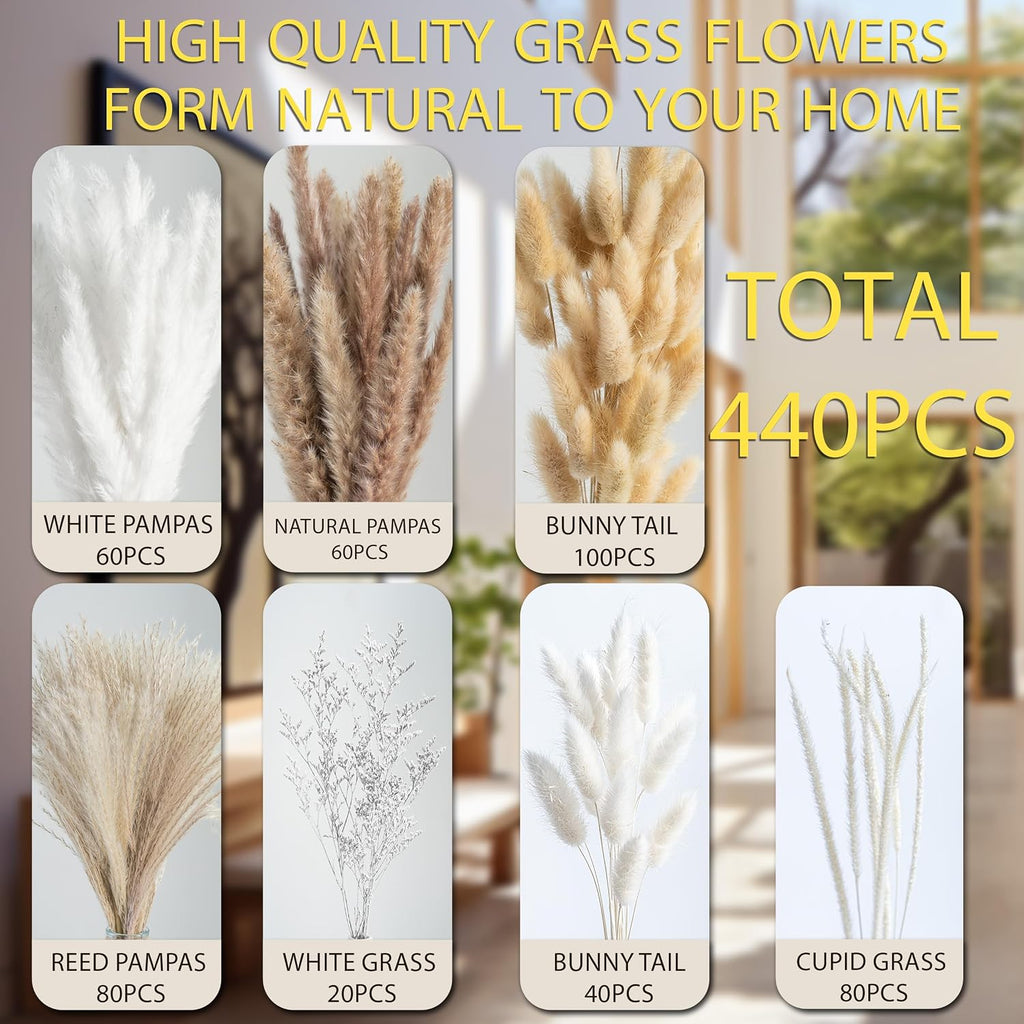 440PCS Natural Pampas Grass Decor Bouquet | Boho Dried Floral Arrangement Centerpiece Table Decor Wedding Decor Rustic Decor (440PCS)