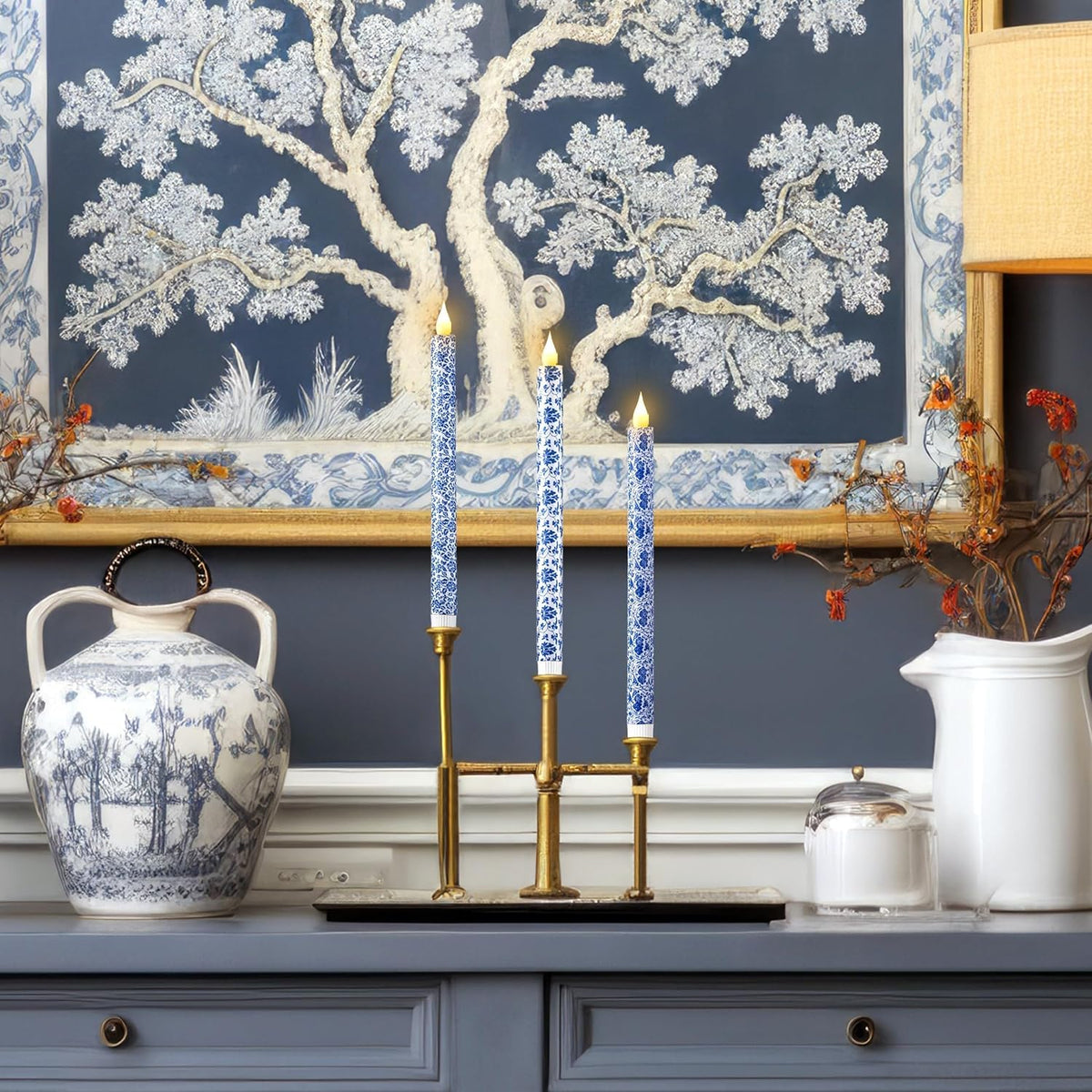 6 Pcs Blue and White Chinoiserie Flameless Candles – 10.6 Inch Porcelain Style Taper Candlesticks, Battery Operated LED Blue Candles for Wedding, Home & Table Centerpiece Decor