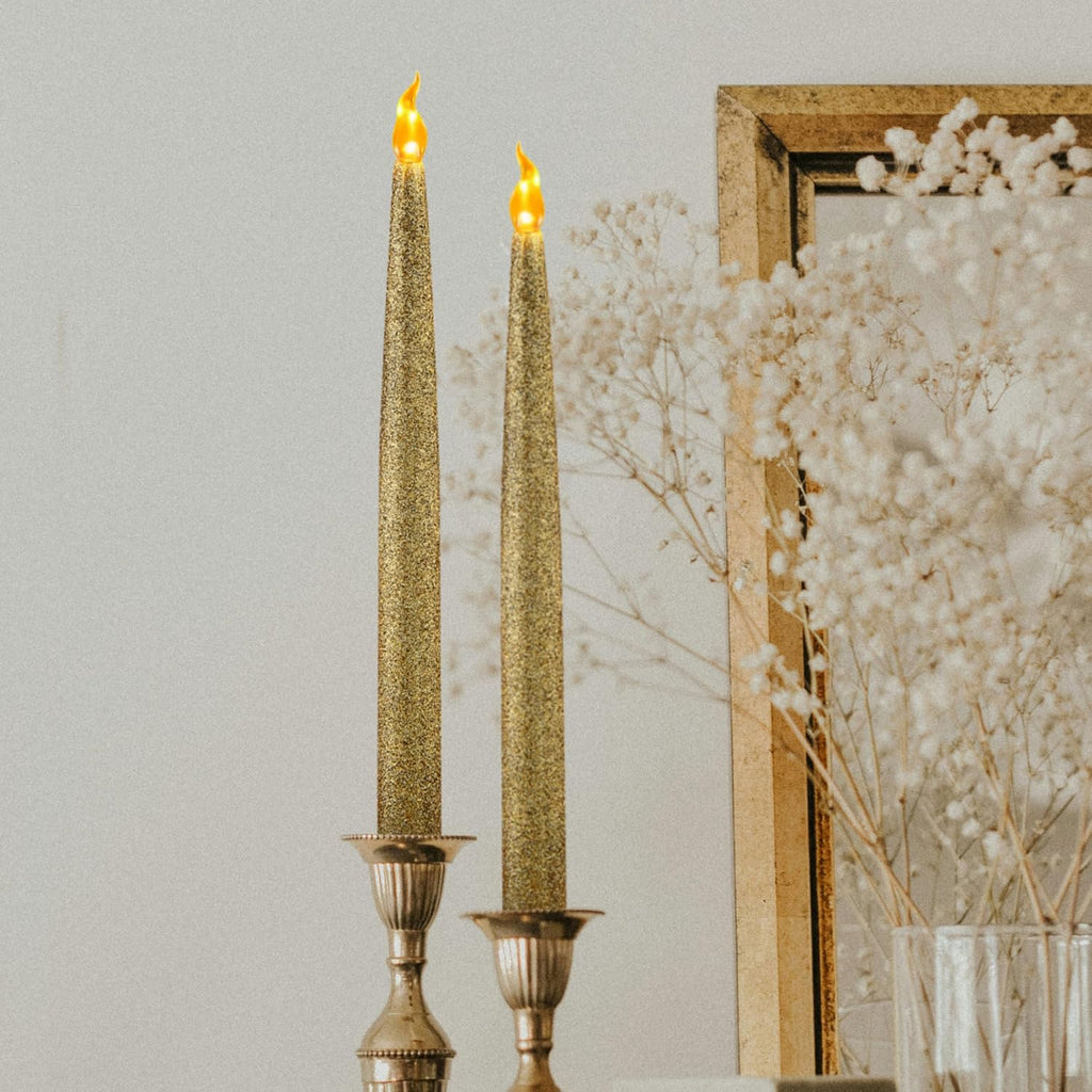 FURORA LIGHTING Gold Glitter LED Taper Candles, 12-Pack with 6/18 Timer
