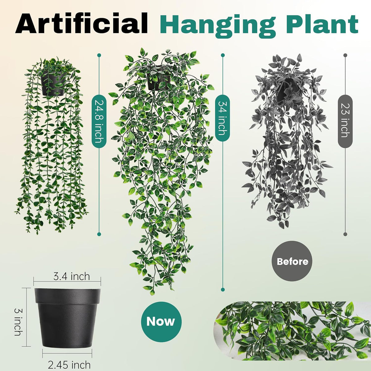Der Rose 2Pcs Fake Hanging Plants Artificial in Black Pots for Office Decor