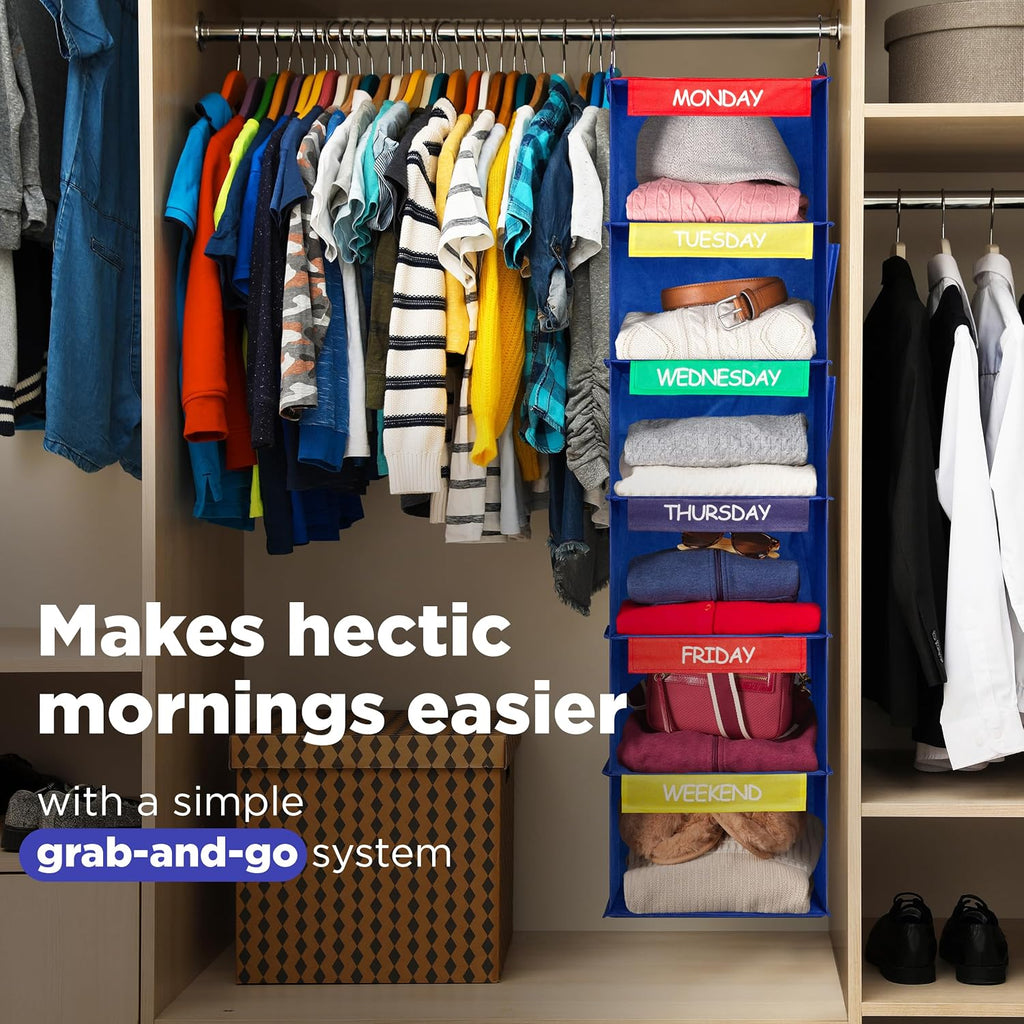 Kids Hanging Closet Organizer 6-Shelf with Day-of-Week Labels Blue