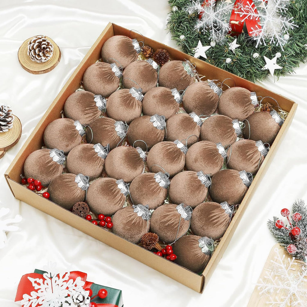 Velvet Christmas Balls Set 30pcs Champagne Velvet Christmas Tree Ornaments Shatterproof Xmas Hanging Balls Decorative Hanging for Xmas Holiday Family Home Store Indoor Decor 2.4inch