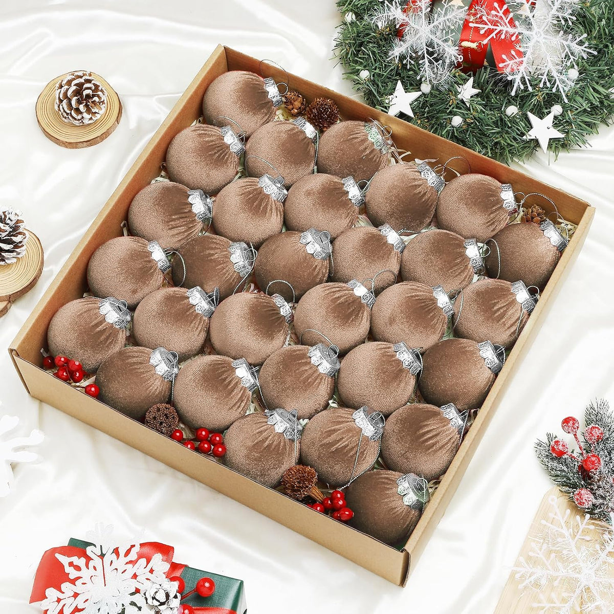 Velvet Christmas Balls Set 30pcs Champagne Velvet Christmas Tree Ornaments Shatterproof Xmas Hanging Balls Decorative Hanging for Xmas Holiday Family Home Store Indoor Decor 2.4inch