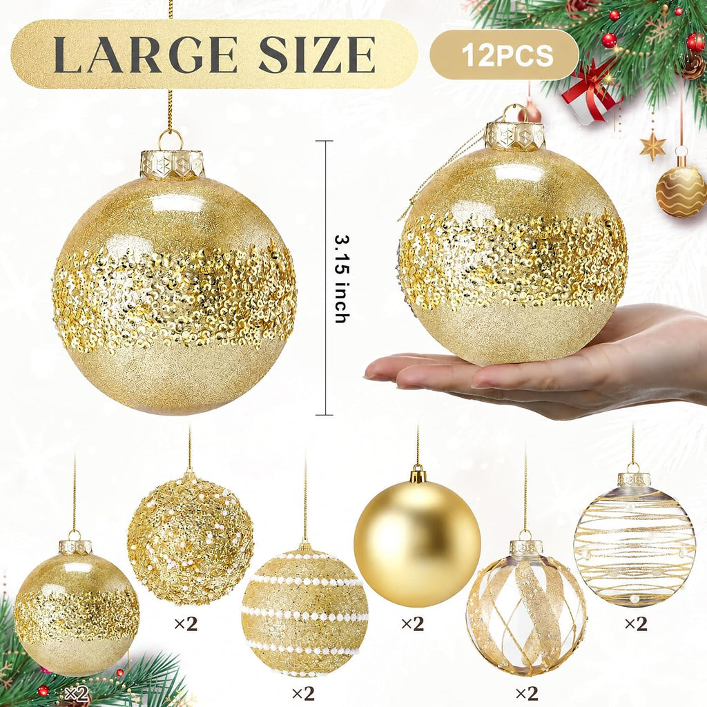 Lyrow 12 Pcs Christmas Balls Ornaments, Gold, 3.15''