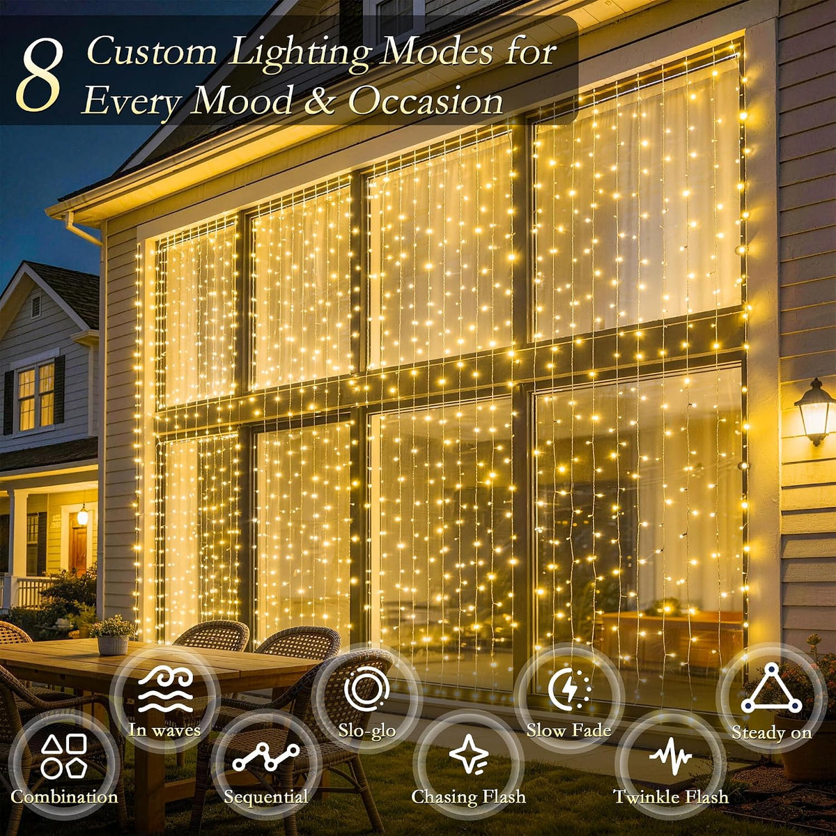 Curtain String Lights 300LED 9.8x9.8FT, Warm White, IP44, 9.8FT Lead
