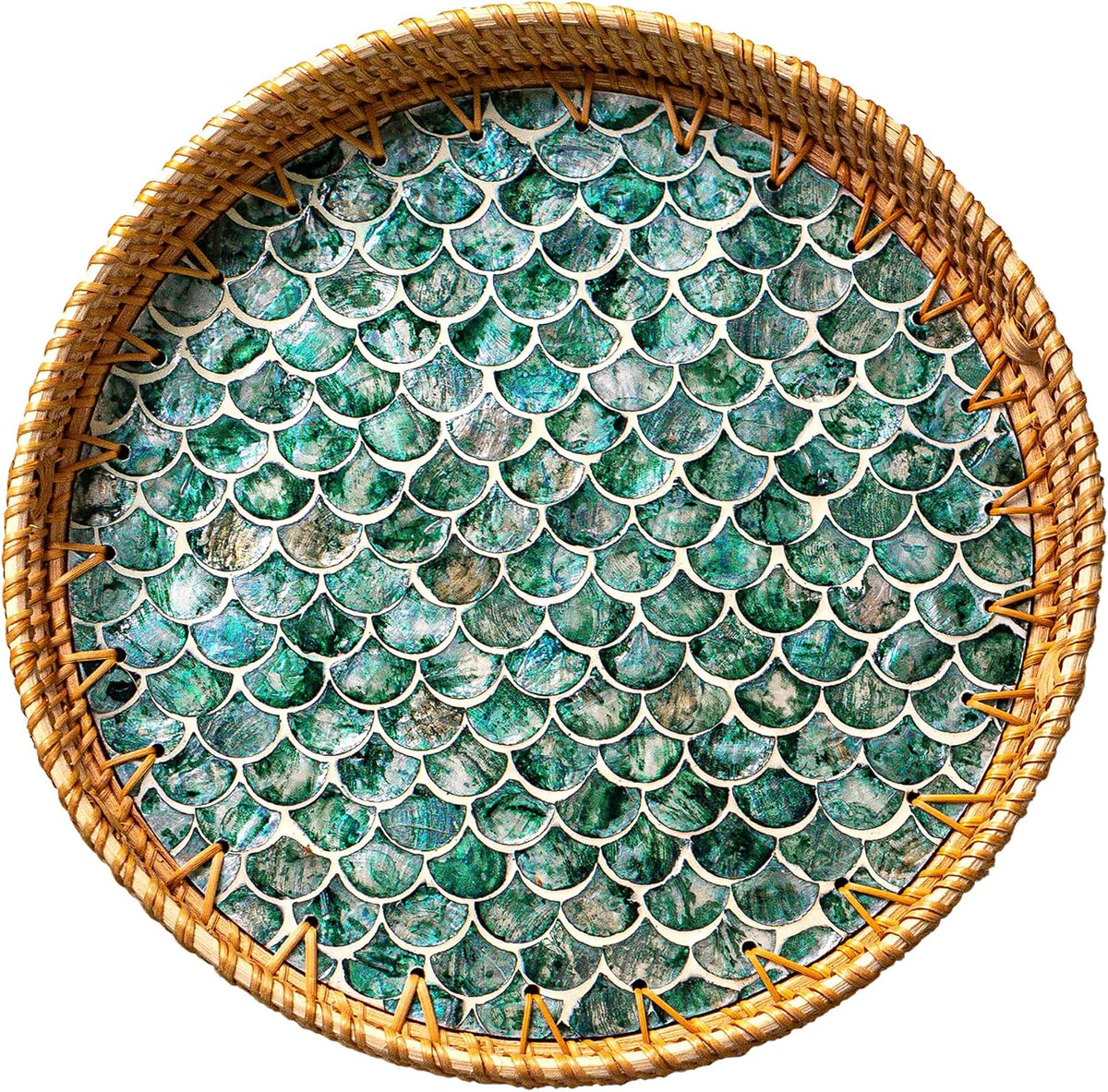 JUNGLE CULTURE Round Rattan Tray with Mother of Pearl Inlay • Cascade 14"