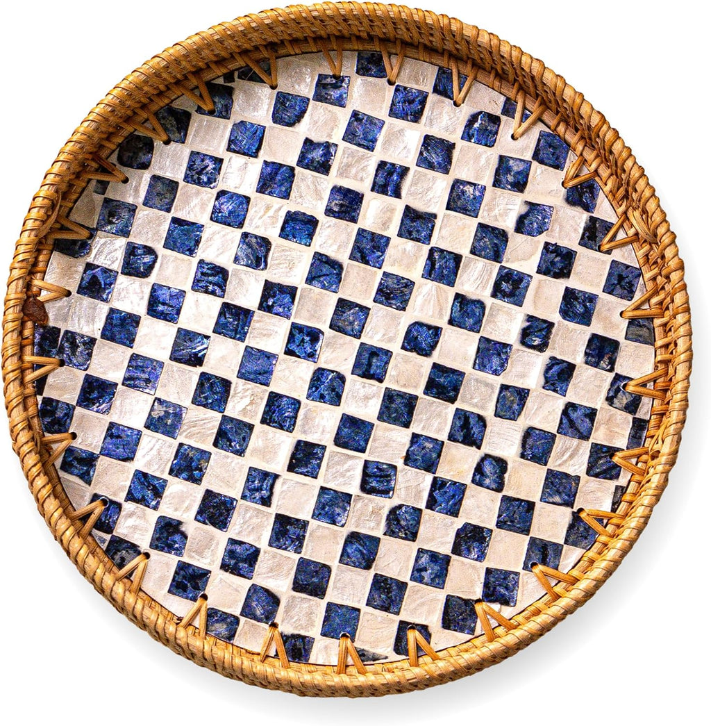 JUNGLE CULTURE Round Rattan Tray with Mother of Pearl Inlay • Drift 14"