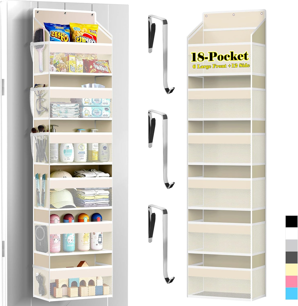 PAULONE 1 Pack Heavy Duty Over the Door Organizer, 6 Large + 12 Mesh Pockets with 89 lbs Capacity, Space-Saving Hanging Storage for Shoes, Toys, Bedroom & Closet (6-Layer Off-White)