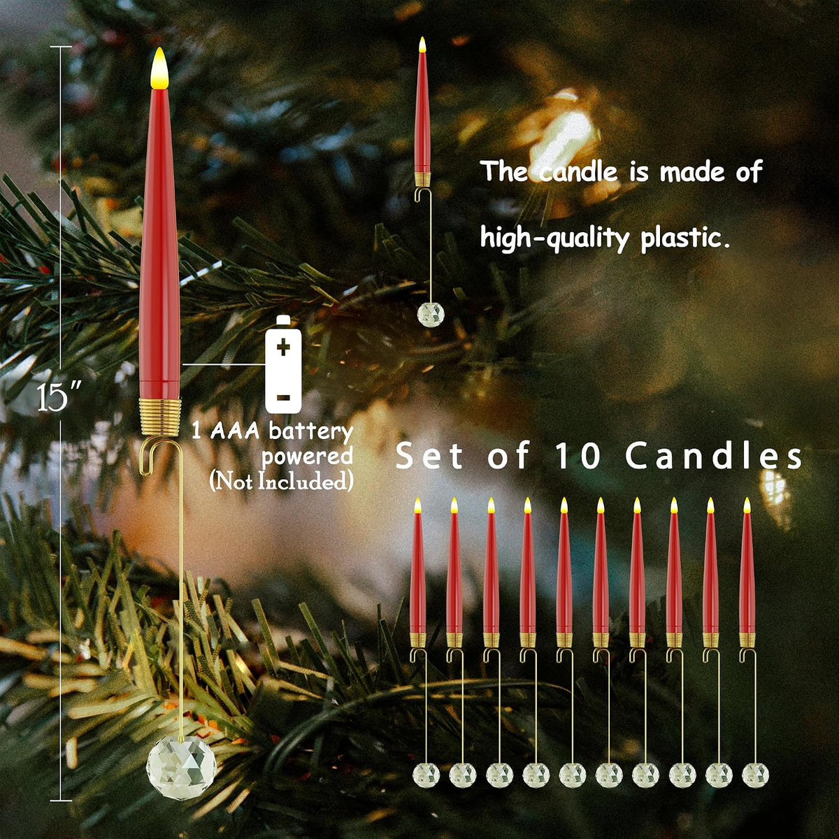 JOIONE Red Christmas Tree Candles, 10 Pcs Crystal Ball Tree Hanging Decor
