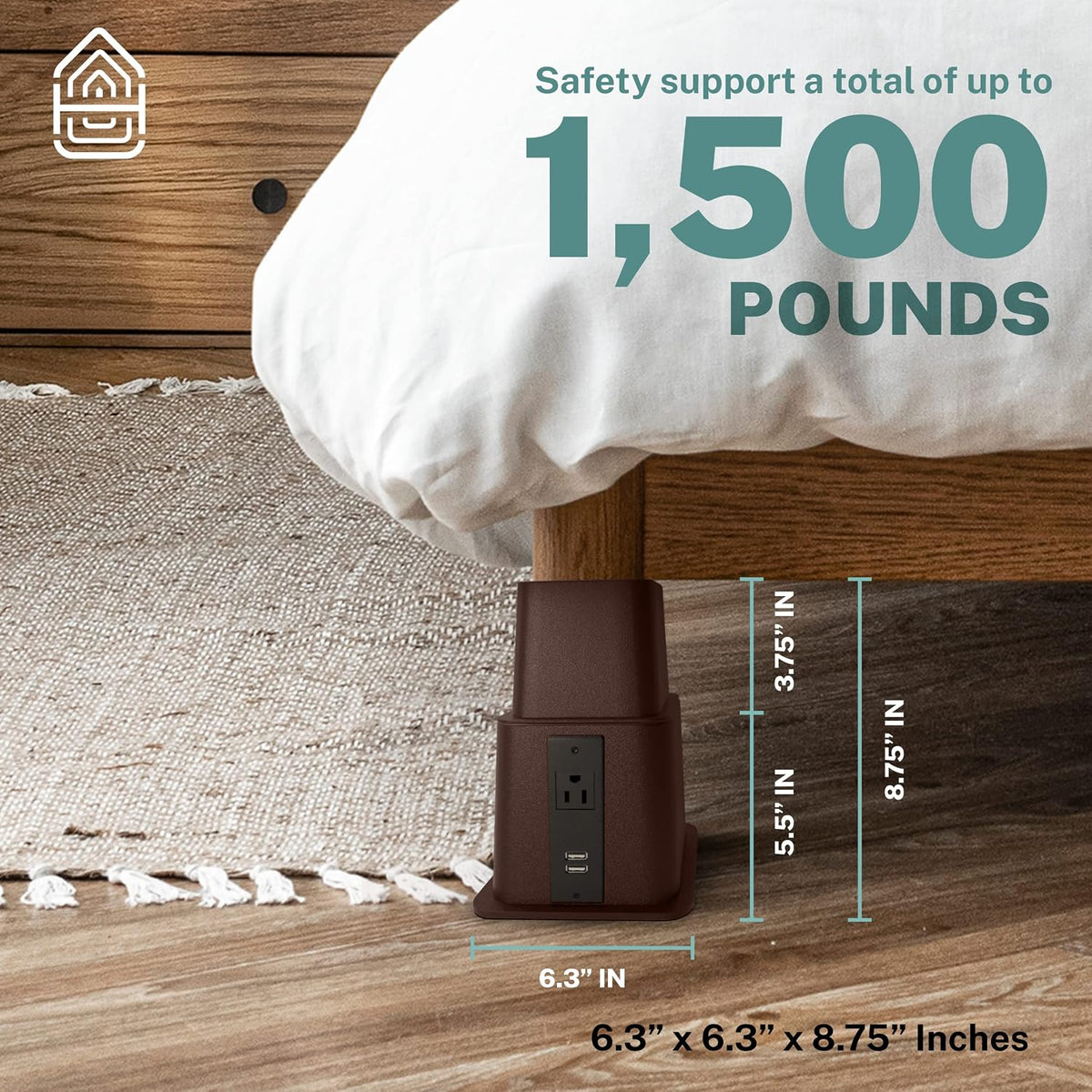 Home Intuition Heavy Duty Adjustable Bed Risers Furniture Riser 3, 5 or 8-Inch, 4 Pack (Espresso Brown W/USB)