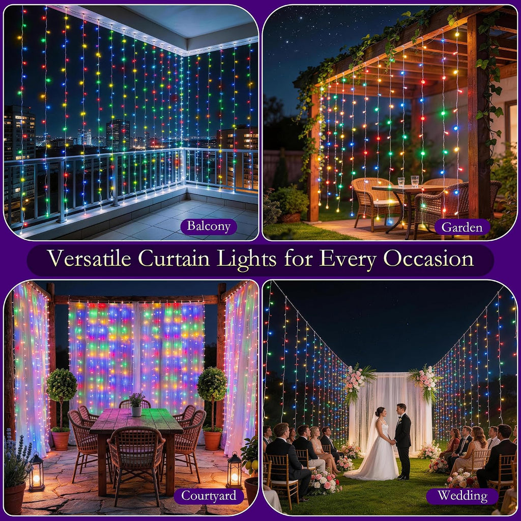 Curtain String Lights 300LED 9.8x9.8FT, Multicolor, IP44, 9.8FT Lead